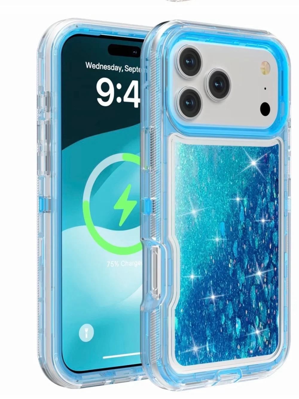 Blue Glitter Shock-Absorbent Phone Case with Clear Bumper 17 pro max
